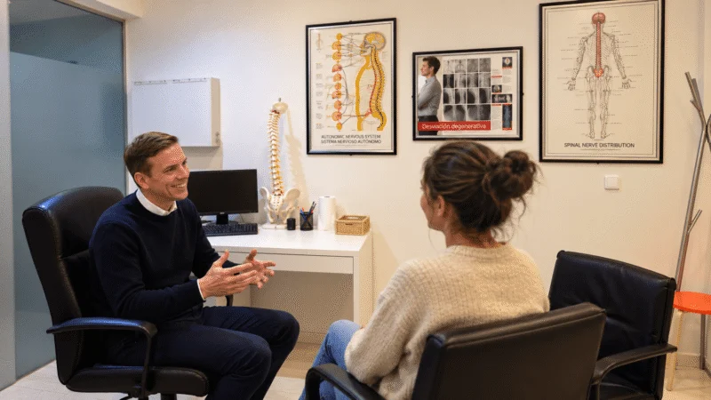 Jean-Romain Michaux conversa con una paciente en la consulta de Quiroptimo, Madrid.